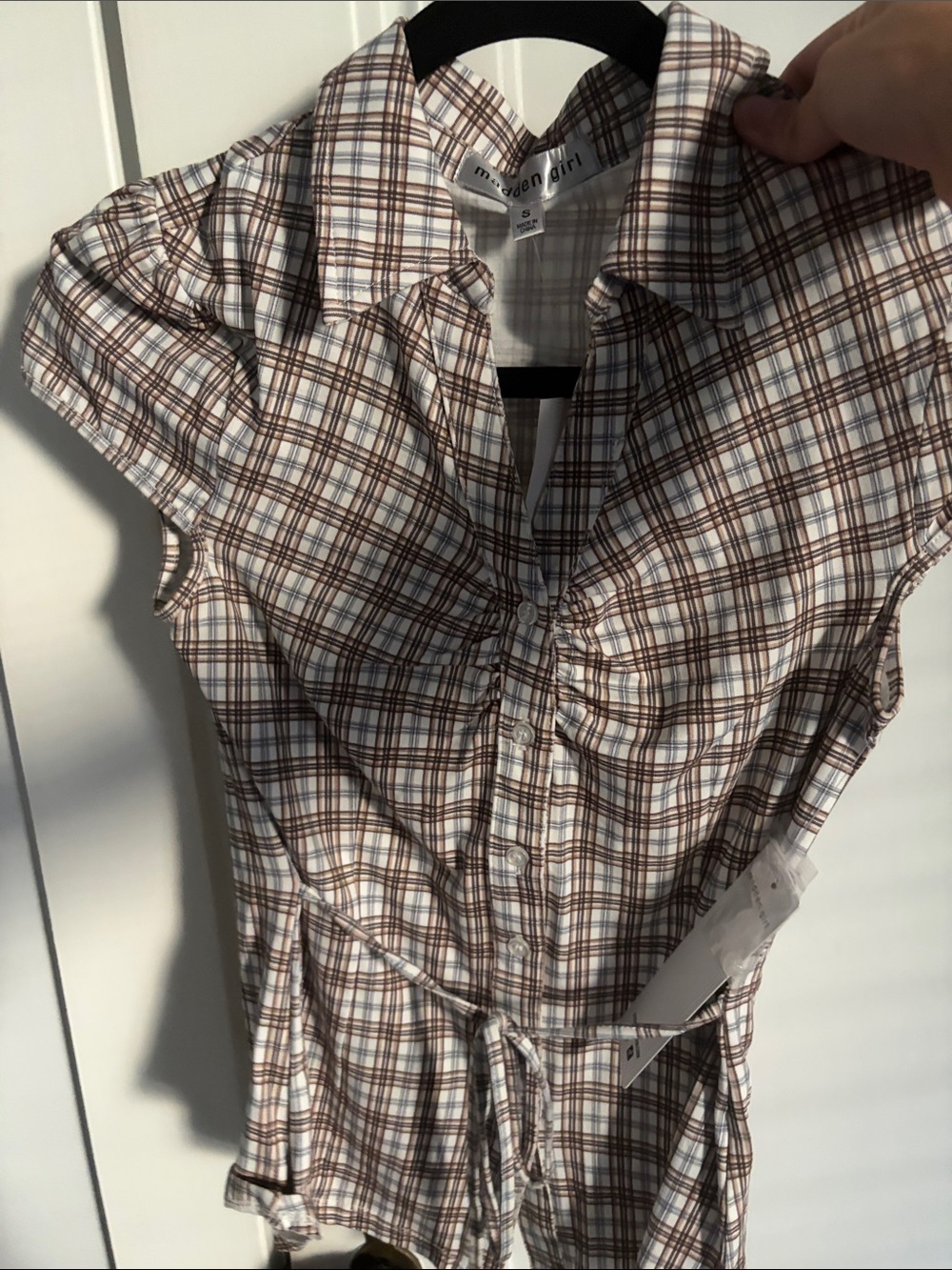 Madden Girl Brown and White Plaid Short-Sleeve Button Down Shirt